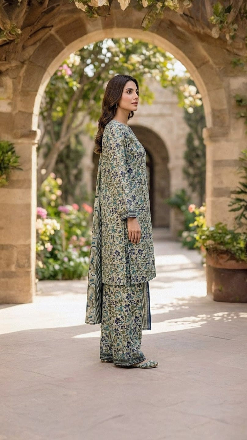 3-PC Stitched Printed Arabic-lawn Suit