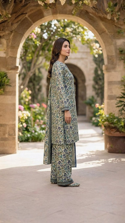 3-PC Stitched Printed Arabic-lawn Suit